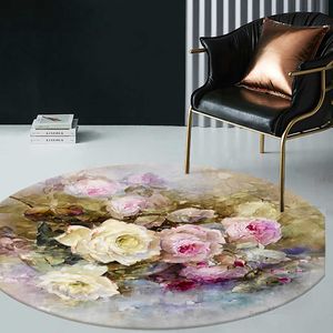 Tapetes cadeira tapete sala de estar 3d flor pintura a óleo nórdico tapete redondo 120cm meninas quarto decoração antiderrapante cama tapetes laváveis ​​w0413