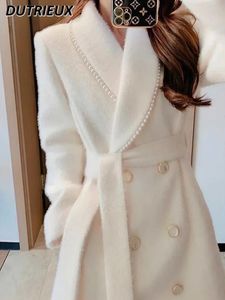 Women's Wool Blends High-End Custom White Woolen Coat for Women Autumn Winter Sweet Below The Knee Mid-Length Temperament Thick Wool Clothes 231113