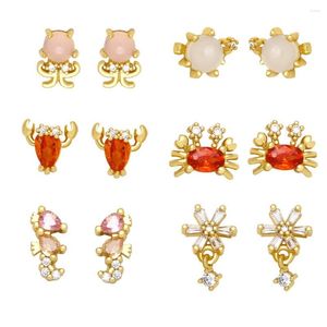 Stud Earrings FLOLA Small Red Crab For Women Girls Cute Copper Zircon Seahorse Ear Studs Animal Jewelry Gifts Ersz72