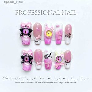 False Nails Handmade Y2K Fake Nails With Glue Cute Little Devil Press On Nail Art Reusable Long Coffin False Nail Short Full Cover Nail Tips Q231114