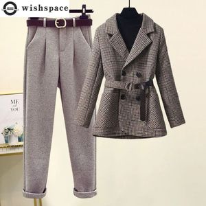 Calças femininas de duas peças estilo coreano cinto decoração jaqueta vintage blazer reunido calças casuais de duas peças elegantes calças de escritório femininas terno 231114