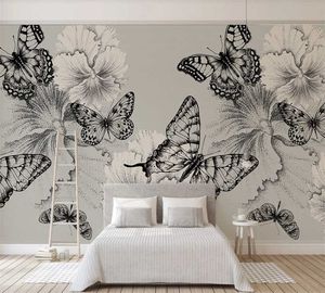 Papéis de parede personalizados 3D papel de parede mural nórdico pequeno fresco pintado à mão Butterfly Flor TV Background Wall Pintura de parede