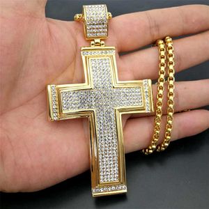 Naszyjniki wisiorek Hip Hop lodowany Duży Krzyż Naszyjnik dla mężczyzn Złoty Kolor Stali Stal nierdzewna Naszyjnik Hiphop Chrześcijańska biżuteria T230413