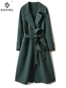 Women's Wool Blends Birdtree 87.6% Sheep Wool 12.4% Cashmere Double-sided Coat Women Slim Temperament Commuting Simple Urban Style Overcoat C30703QD 231113