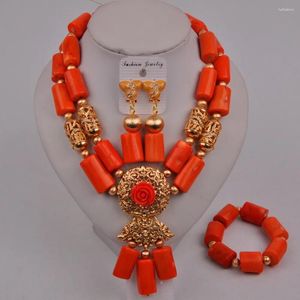 Halsband örhängen set röd /vit /orange korallpärlor nigerianska bröllop afrikanska smycken brud 2-18-e3