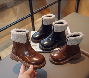 Новые детские зимние ботинки, однотонные детские ботинки до середины икры на платформе с молнией спереди, модная плюшевая хлопковая обувь унисекс для мальчиков и девочек