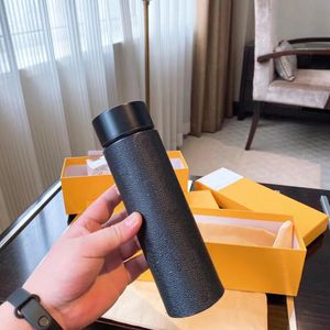 Fashion Designer Tumblers Flat Bottom Cups PU Leather Water Cup 500ml Smart Stainless Steel Mug With box Kitchen Drinkware