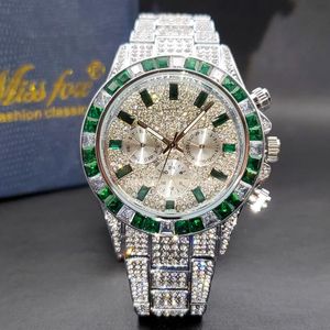 손목 시계 녹색 시계 남자 전체 아이스 아웃 다이아몬드 럭셔리 스타일 힙합 시계 크로노 그래프 값 비싼 시계 전원 배터리 드롭