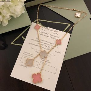 Luxury Four Leaf Clover Designer Halsband 18K Guldpläterad rosa och vit blomma fem charm choker krage för kvinnor bröllop smycken med boxfestgåva