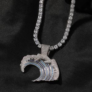 Hip Hop Necklace with Diamonds, Ocean Wave Trendy Charm Pendant Fashion Versatile Men's Pendant Jewelry