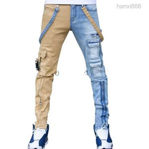 Jeans High Street Salopette dritta Jeans oversize da uomo in denim blu giallo hip-hop