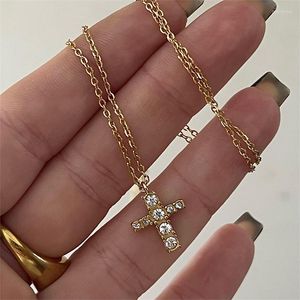 Anhänger Halsketten Mode Boho Gold Farbe Kreuz Kristall Zirkon Halskette Einfaches Temperament Für Frauen Mädchen Schmuck Geschenk Großhandel