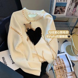 Kvinnors tröjor Autumn Winter Bear Heart Pattern Sweater Vintage O-Neck Pullovers harajuku Jumper Tops Loose Sweet Sweet Stick Casual Top 231115
