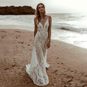Seksi denizkızı v boyun boho gelinlik 2023 sırtsız kayışlar çiçekler dantel bohem gelin elbisesi vestidos de novia plajı
