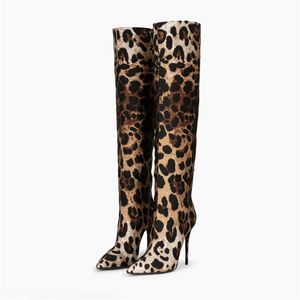 Stiefel Modenschau Kniehohe Zebra-Leopardenmuster Mehrfarbige spitze Zehenabsätze Seitlicher Reißverschluss Damen Stiletto-Schuhe 231115