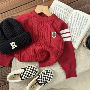 Christmas Boys twist knitted pullover kids cartoon patch embroidery stripe sweater tops children thicken warm clothing Z5435