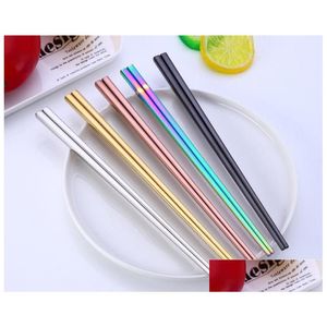 Chopsticks Glossy Titanium Plated Chopsticks Anti Scalting High-klass 304 Rostfritt stål Rainbow Golden Black Square Drop Delivery Ho DHCPH