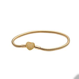 18k Gold Plated Hearts Charm Armband för Pandora Real Sterling Silver Snake Chain Wedding Armband For Women Girl Girl Gift Love Armband med originallåda