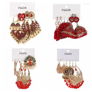 Dangle Earrings Ethnic Fashion Red Crystal Heart Shape Earring Set Bridal Wedding Jewelry Luxury Gold Plated Hollow Geometric Gift