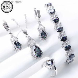 Kette Natürliche Regenbogen Schmuck Sets 925 Sterling Silber Steine Hochzeit Ohrringe Für Frauen Steine Armband Halskette Ringe Set Geschenke BoxL231115