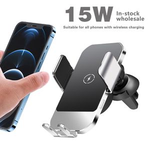 A21 FOD Coil Sensor Wireless Car Charger Aluminum Alloy Mount Phone Holder Qi 10W 15W Mobile Phone Charging Car Air Vent Clip Stand