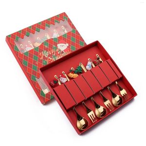 Conjuntos de louça 6 pçs presente de natal colher de ouro kit pingente elk decoração sobremesa colher frutas café talheres conjunto aço inoxidável