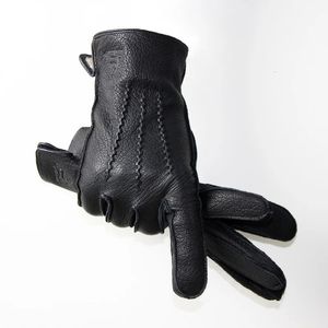 Luvas de cinco dedos Luvas de couro de veado moda masculina costura externa motocicleta ciclismo outono e inverno forro de veludo forro de lã quente motorista 231115