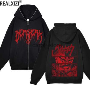 Erkek Hoodies Sweatshirts Sokak Giyim Tam Zincir Fermuarı Ceket Berserk Hoodies Anime Sweatshirts Ceketler İnce Polar Uzun Kollu Hoodie Siyah Kaput Kazak J231115