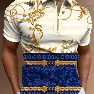 Men's T Shirts Men Polo Shirt Short Sleeve Summer Gold Chain Print Tops Men's Lapel Zipper Pattern T-shirt Tees