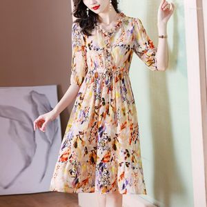 Casual Dresses Women Yellow Print Silk Ruffled Collar Midi Dress Spring Summer Light Loose 2023 Korean Vintage Elelgant Party Rob