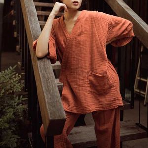 Lounge de sono feminino 100% algodão gaze feminino pijama robe conjuntos primavera outono bandagem tops + calças 2 peças conjuntos casuais calças homewear ternos camisola zln231115