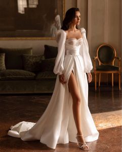 Classy Long Wedding Dresses Square Collar Satin Full Sleeves with Slit A Line Bridal Gowns for Women