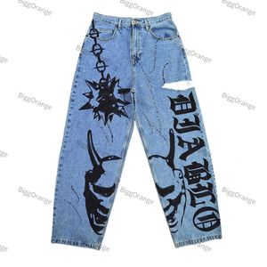 Mens Jeans Spring and Autumn Retro Print rak Y2K Loose Denim Trousers Street Casual Wide Leg Men Women Pants Hip Hop 230414