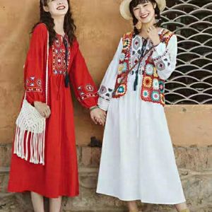Freizeitkleider 2023 Frühlingsfrauenkleid Retro-Ethno-Stil Lang Bestickte Baumwolle Leinen Weiß Eleganter Urlaub Vestidos De Mujer