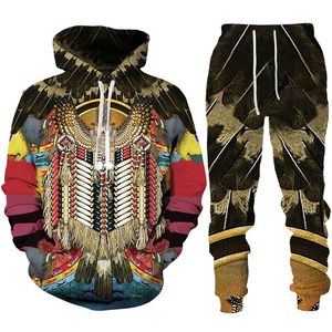 Erkekler ve Kadınlar 3D Baskılı Hint Yerli Tarz Giyim Kurt Moda Sweatshirt Hoodies ve Pantolon Egzersiz Takımları 005