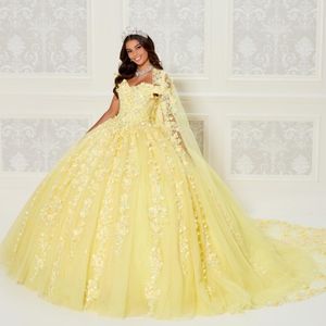 Yellow Quinceanera Dresses With Cape 2024 Sequins Beads 3D Flowers With Cape Princess Sweet 16 Gown Vestidos De 15 Anos