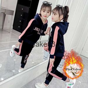 Zestawy odzieży Dziewczyny Zestaw Zestaw jesiennych zimowych odzieży 4-12 lat plus aksamitne sporty sporty harajuku sweter bluza bluza + spodnie szkolne stroje J231020