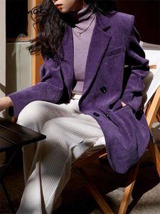 Kobiety damskie Blazers Yitimoky Corduroy for Women Fashion Office Panie Zamknij kurtkę kołnierza Vintage podwójnie piersi luźne płaszcze 231115