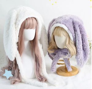 Beanie/Kafatası Kapakları Japon Tatlı Loppy Tavşan Kulak Tavşan Kapağı Lolita Earmuffs Cap Fluffy Sıcak Kış Polar Şapkalar 231115