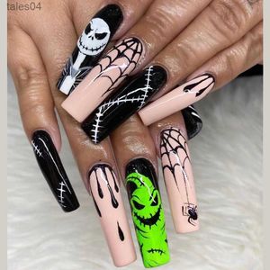 False Nails Long Coffin False Nails Halloween Spider Web French Ballerina Fake Nails Lady Full Cover Nail Tips Women Press On Nails Nail Tip YQ231115