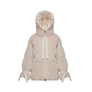Loire design womens down jacket embroidered badge doudoune femme thick striped corduroy warm winter woman coat