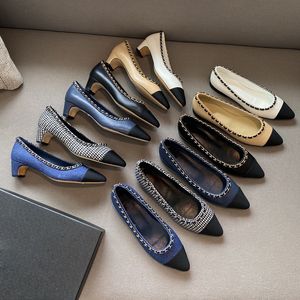 Kvinnor pekade tå balettlägenheter klädskor lammskinn 100% riktig läder dermal sole grosgrain denim med box damm väska lyx designer skor topp quilty sommarstorlek 35-41