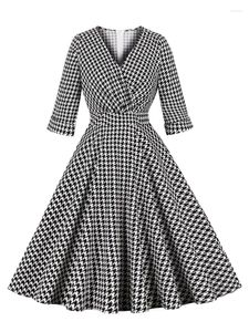 Повседневные платья 2023 мода V-образный выстрел высокая талия Houndstooth Women Vintage Rockabilly Dress 3/4 длина рукав пружинный элегантный хлопок