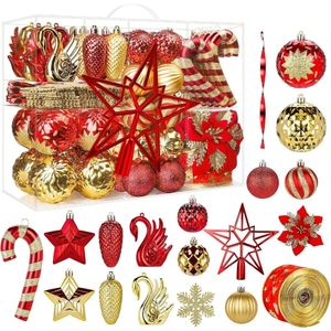 Dekoracje świąteczne 128PCS Balls Ornaments Ustaw wstążkę i nakładkę na drzewo na świąteczne przyjęcie świąteczne z wiszącym sznurkiem 231115