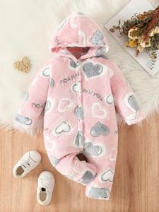 Rompers Toddler Active Baby Girl Love Mönster Fuzzy Button Up Hooded Clothing Jumpsuit Winter Style Romper 231115