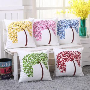 Pillow Cotton Embroidery Sofa Four Season Trees White Cover