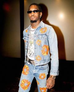 Mens jackets brand hip hop high street American retro printed colored kapok jeans jacket