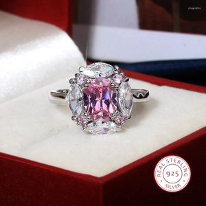 Cluster Rings Pink Crystal Square Diamond Princess Ring 925 Silver Fashion Inlaid Water Drop Pear Shaped Zircon Wedding Bride Gift