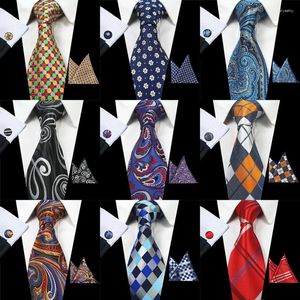 Bow Ties RBOCO8CM Silk Jacquard Woven Mens Plaid Tie Red Paisley Hanky ​​Cufflinks Set Classic Brown Neck For Wedding Business