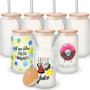 16 oz Sublimation Blank Glass Cup with Bamboo Lids Heat Transfer Frosted Clear Beer Can Tumbler Mug for Soda Cocktail 1115